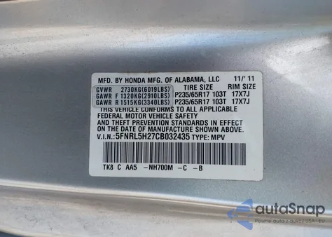 2012 Honda Odyssey Lx из США, поврежденный, VIN 5FNRL5H27CB032435